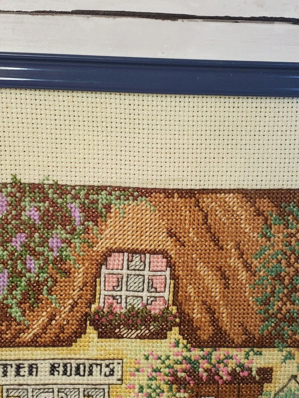 Vintage Handmade Cross Stitch Tea Rooms Cottage Needlepoint Framed Cottagecore G